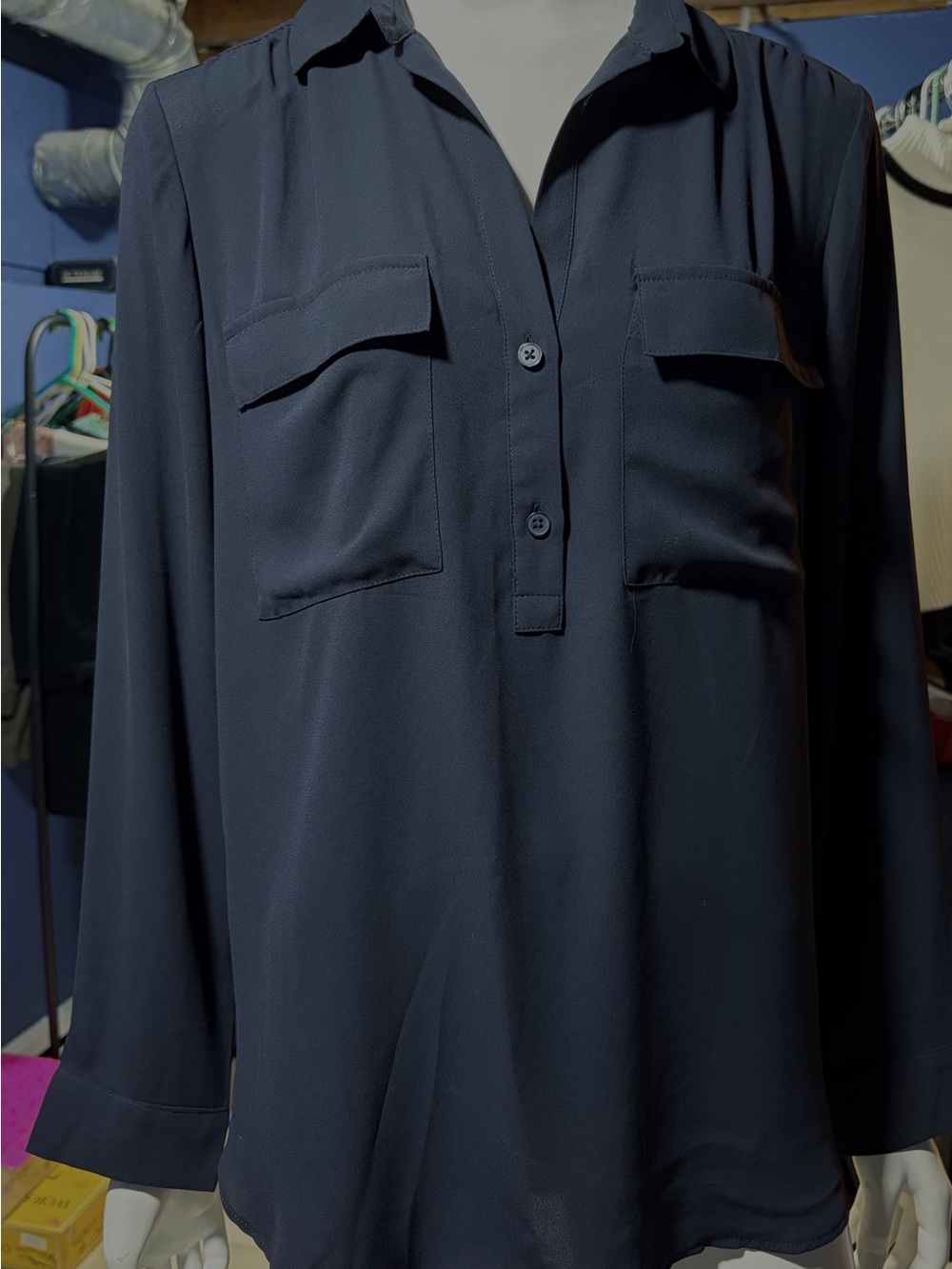 Ann Taylor Long Sleeve Pocket Blouse Blue Medium